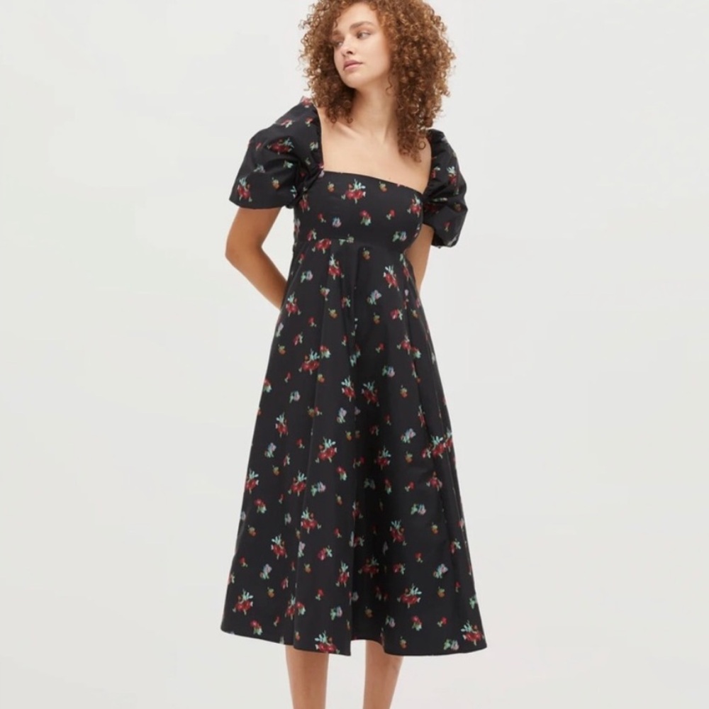 Hill House Matilda Dress - Black Ikat Flora Taffeta, size medium